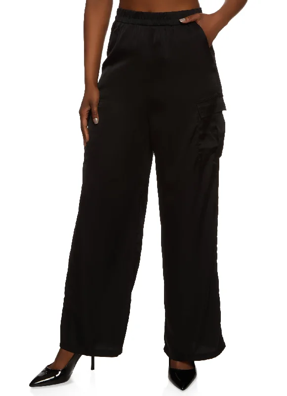 Satin Cargo Pocket Wide Leg Pants