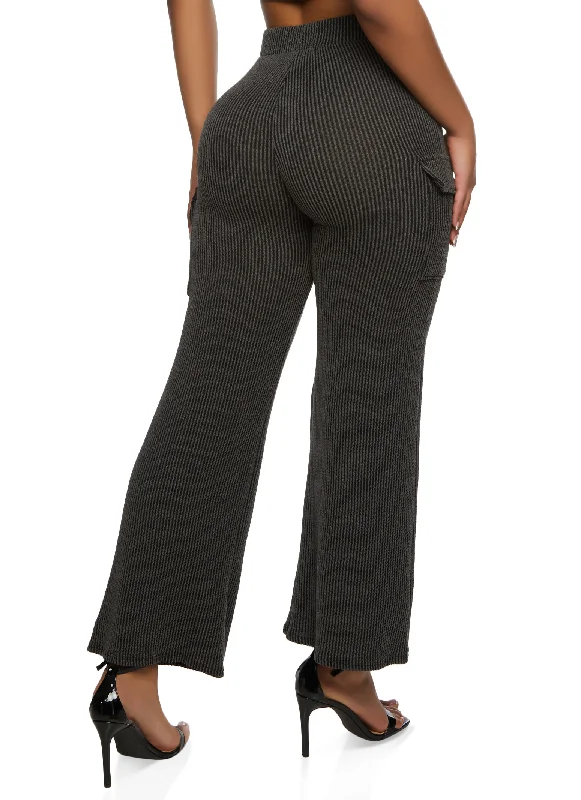 Ribbed High Waist Cargo Pocket Wide Leg Pants