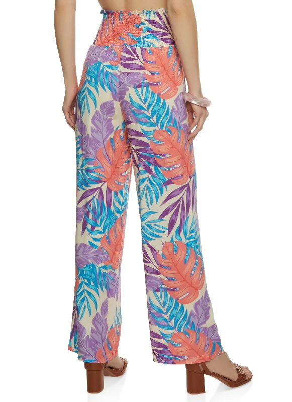 Smocked Waist Tropical Print Wide Leg Pants