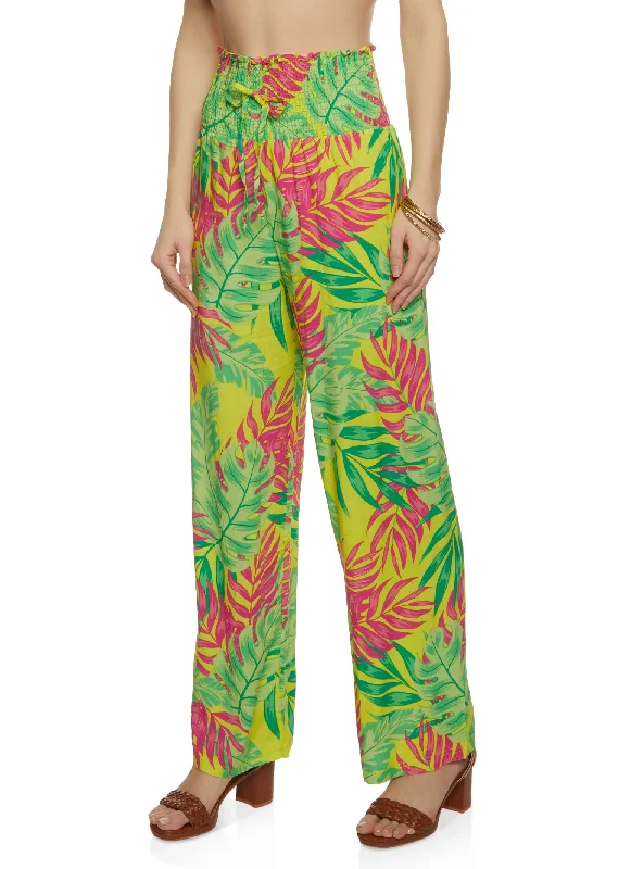 Smocked Waist Tropical Print Wide Leg Pants