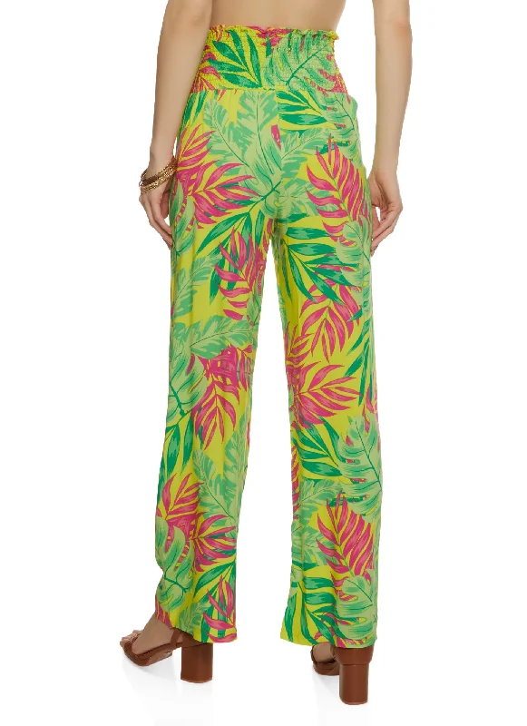 Smocked Waist Tropical Print Wide Leg Pants