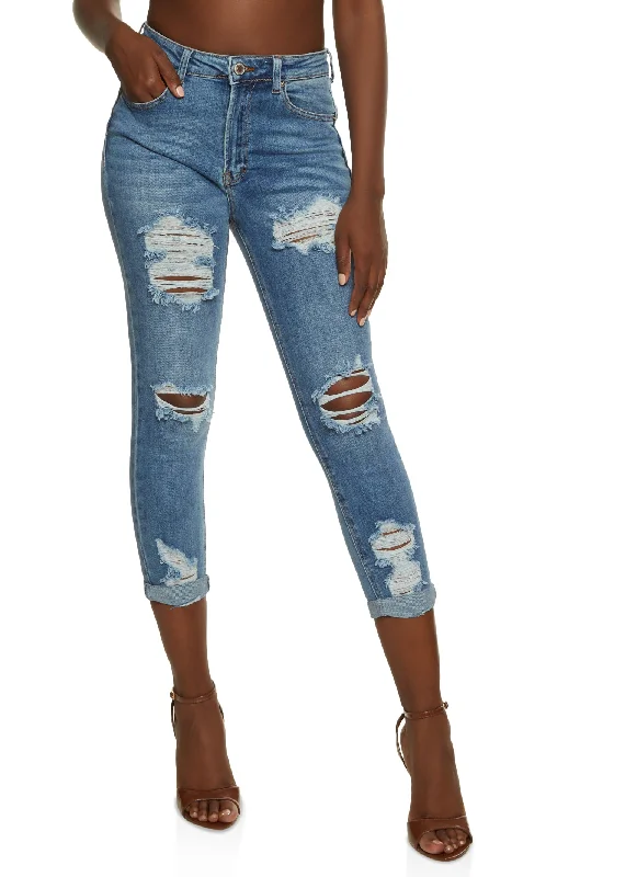 WAX Ripped Rolled Cuff Skinny Jeans