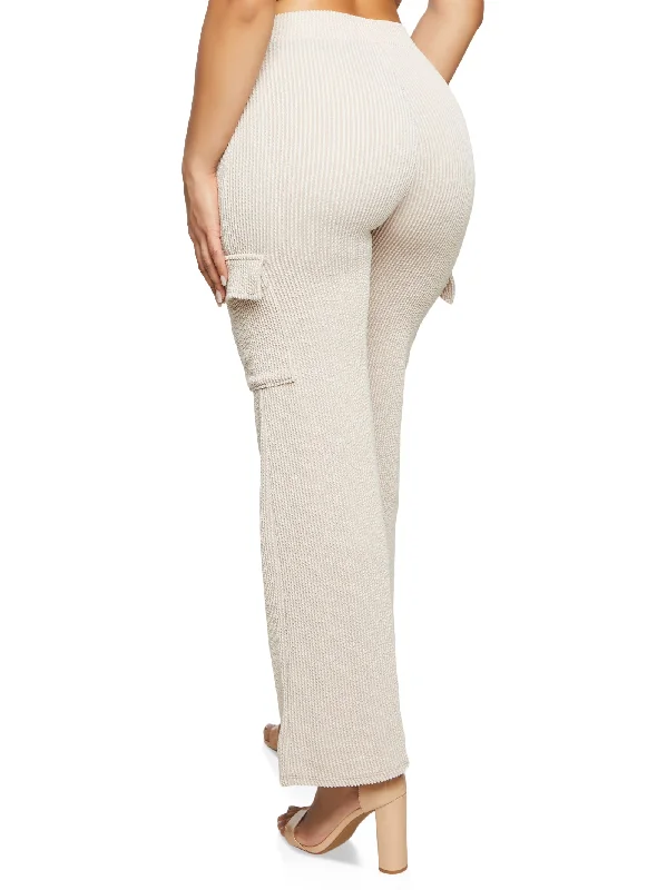 Ribbed High Waist Cargo Pocket Wide Leg Pants