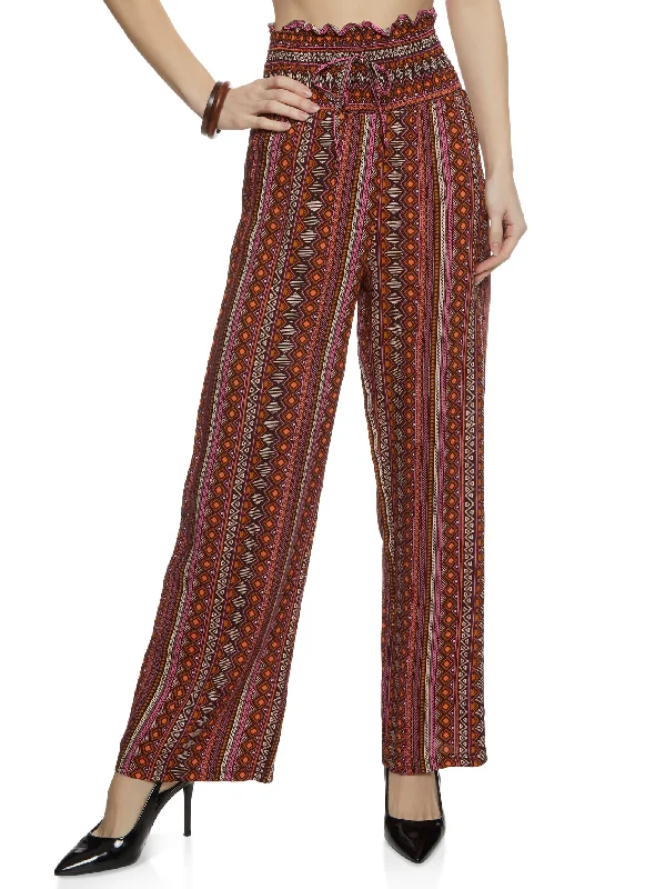 Smocked Waist Printed Wide Leg Pants