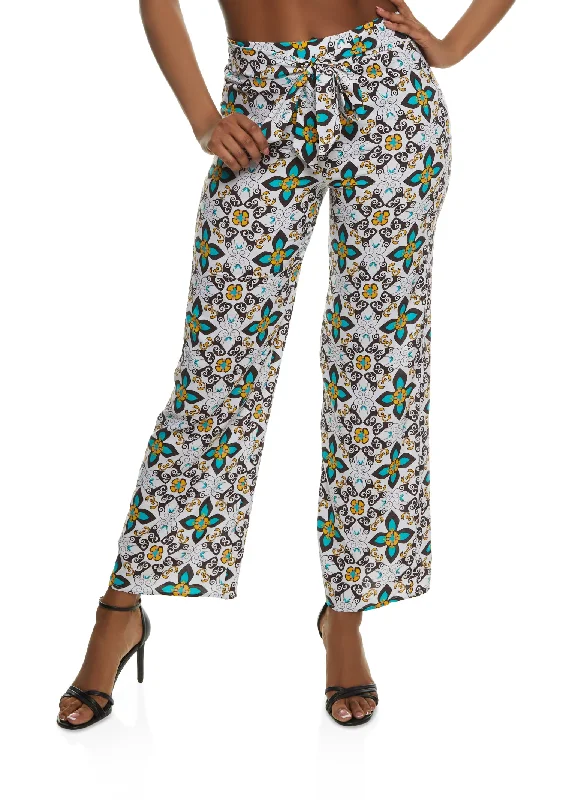 Printed Tie Front Wide Leg Pants