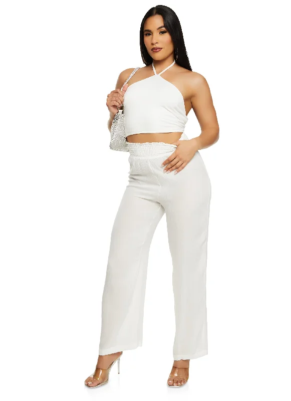 Smocked Waist Wide Leg Pull On Pants