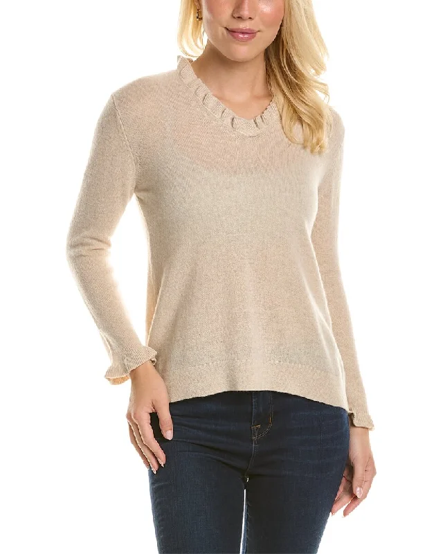 Hannah Rose Ruffle V-Neck Cashmere Sweater