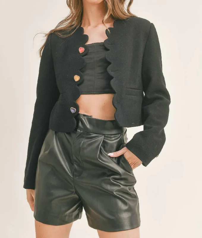 Scallop Heart Button Down Crop Jacket In Black