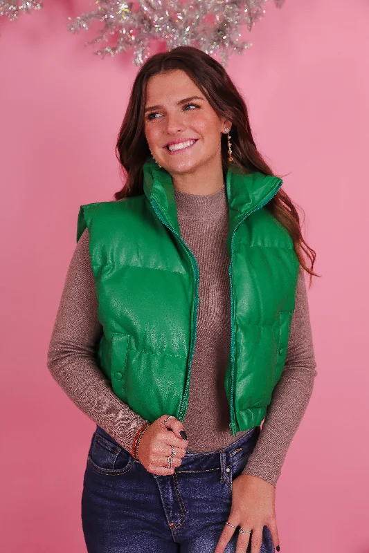 I Love This Place Faux Leather Vest-Green