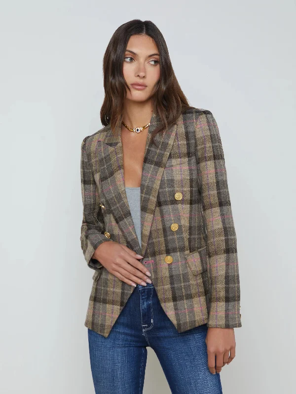 Kenzie Double Breasted Blazer Tan/Pink Plaid