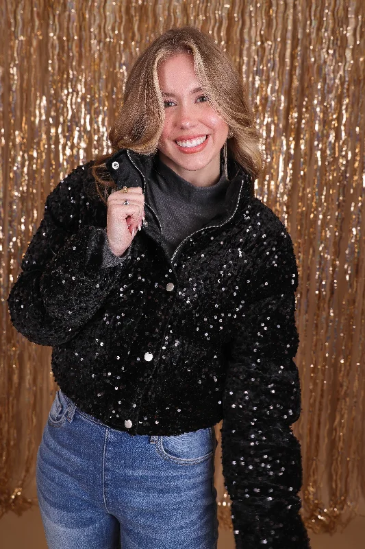 Sparkling On The Slopes Sequin Puffer Jacket-Black