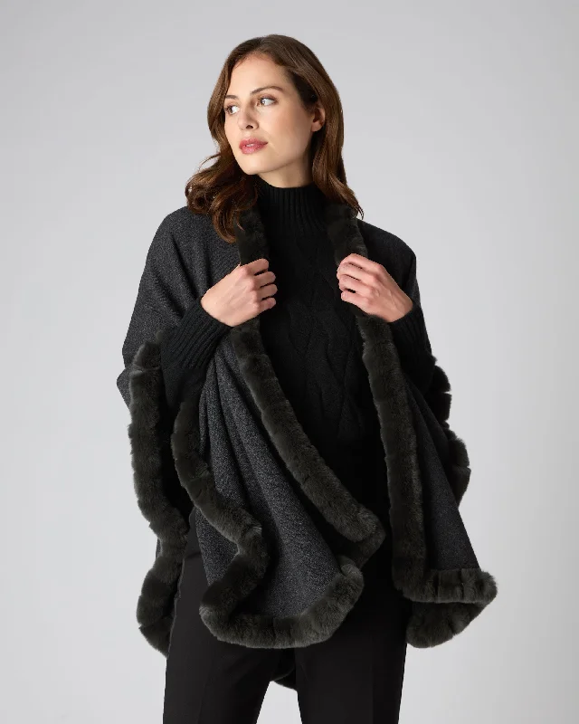 Women's Ayla Fur Trim Cashmere Cape Dark Charcoal Grey