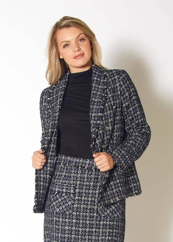 Women's Tweed Fringe Hem Blazer Jacket in Navy Tweed