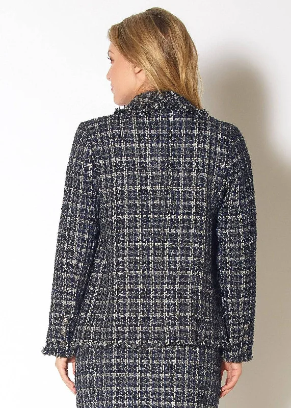 Women's Tweed Fringe Hem Blazer Jacket in Navy Tweed