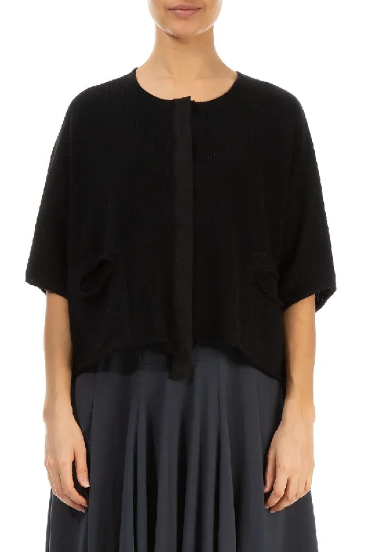 Button Band Boxy Black Linen Cardigan