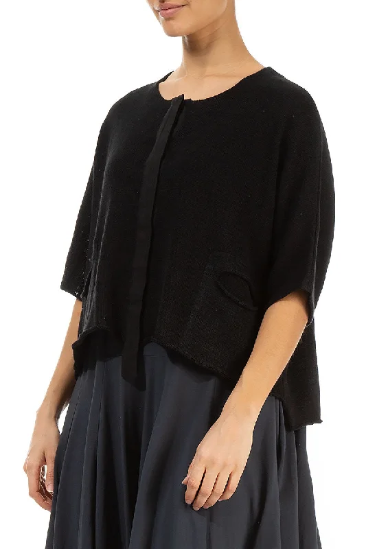 Button Band Boxy Black Linen Cardigan