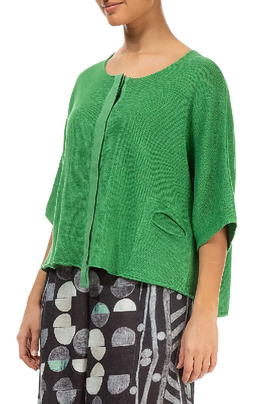 Button Band Boxy Spring Green Linen Cardigan