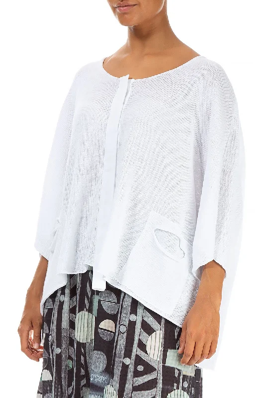 Button Band Boxy White Linen Cardigan