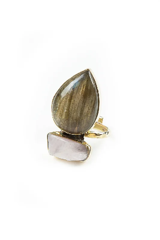 Drop Kunzite Labradorite Crystal Ring