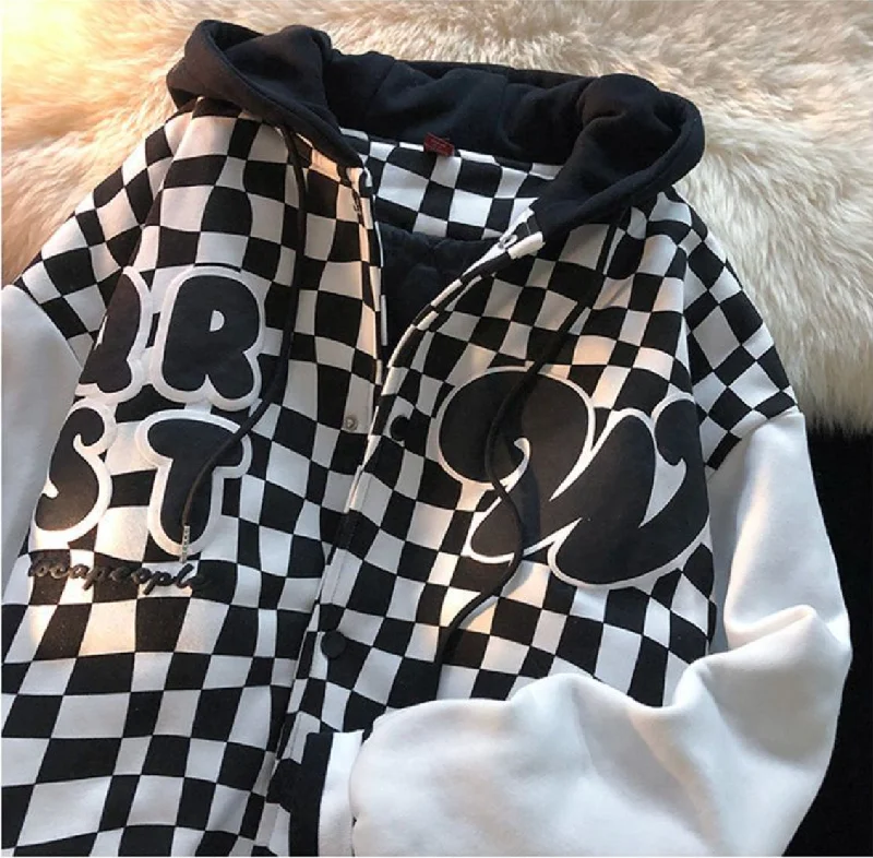 FashionSierra - Checkerboard Plaid Letter Printing Hooded Sweater