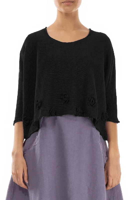 Flowers Decorated Black Linen Jumper