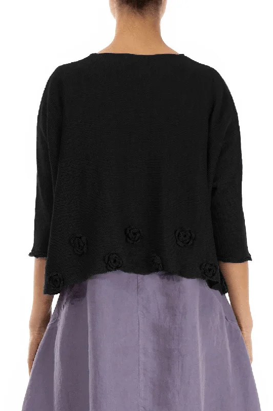 Flowers Decorated Black Linen Jumper