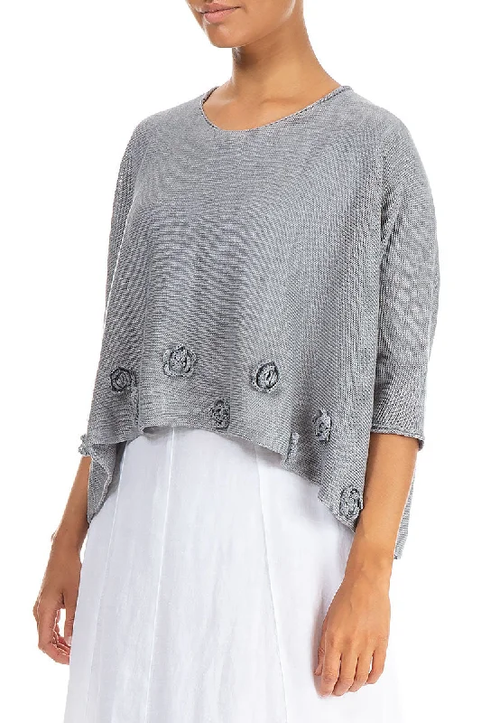 Flowers Decorated Light Grey Linen Jumper