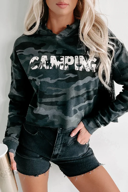 Let's Camp Cropped Graphic Hoodie (Black Camo) - Print On Demand