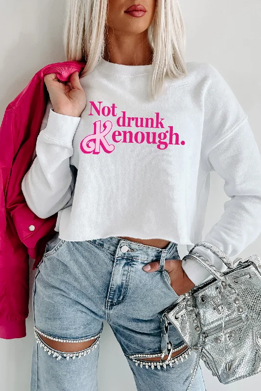 ""Not Drunk Kenough"" Raw Hem Crop Graphic Crewneck (White) - Print On Demand