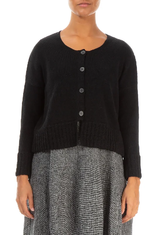 Ribbed Hem Black Linen Cardigan