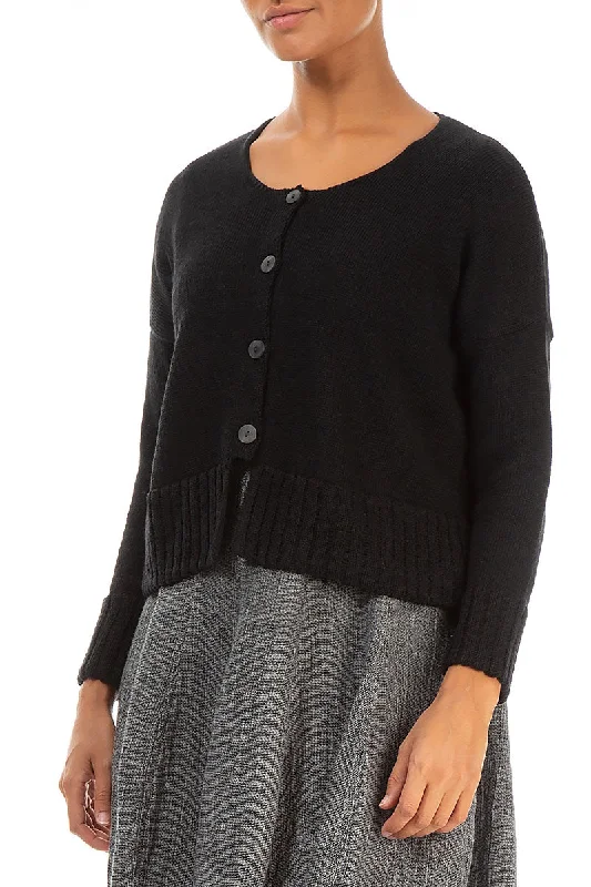 Ribbed Hem Black Linen Cardigan