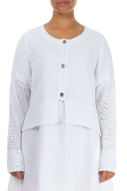 Ribbed Hem White Linen Cardigan