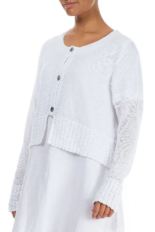 Ribbed Hem White Linen Cardigan