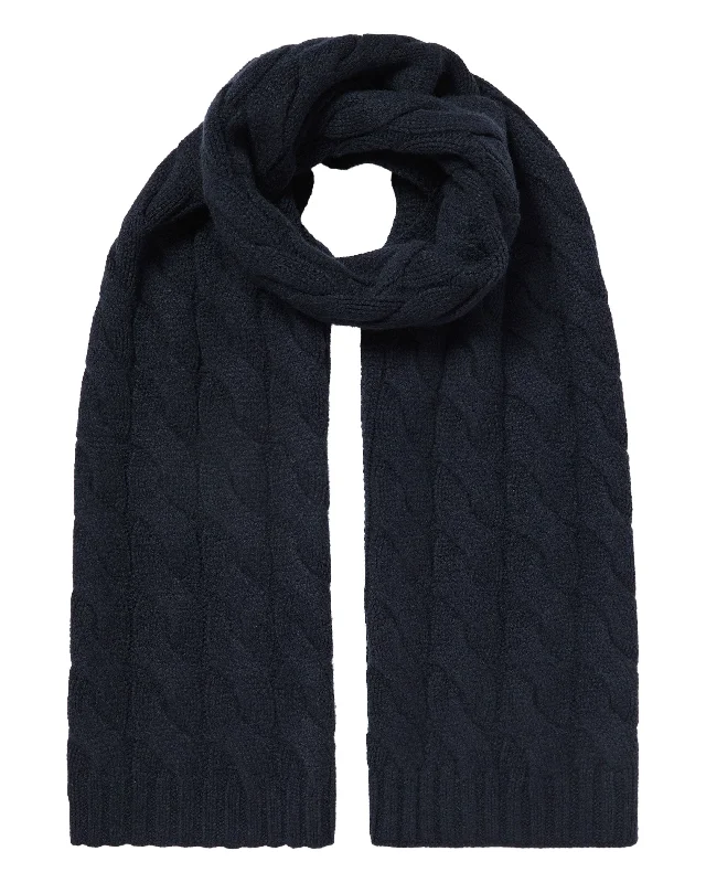 Unisex Chunky Cable Cashmere Scarf Navy Blue