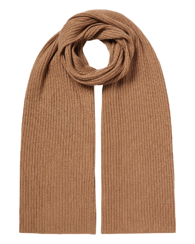 Unisex Short Ribbed Cashmere Scarf Dark Camel Brown