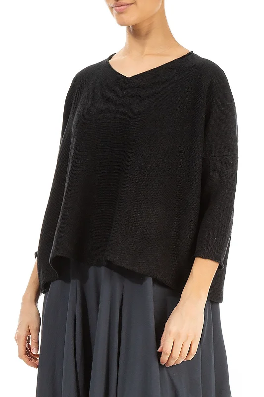 V-Neck Black Linen Jumper