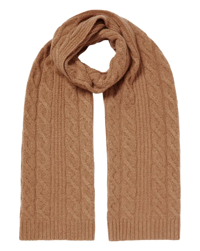 Women's Cable Rib Cashmere Scarf Dark Camel Brown