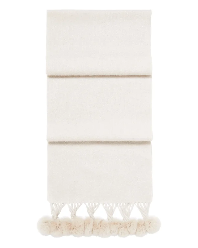 Women's Davos Fur Bobble Cashmere Scarf Ecru White