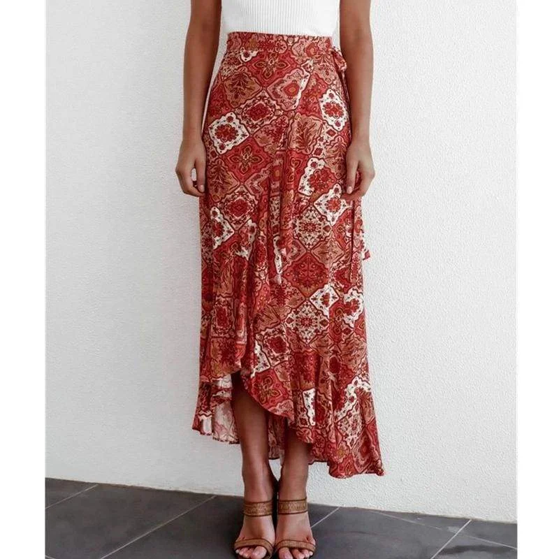 FashionSierra - Women Boho Floral Jersey Gypsy High Waist Long Skirt Ladies Summer Beach Holiday Casual Ruffle Wrap Sundress