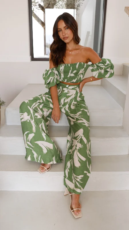 Callison Crop Top and Pants Set - Green Print