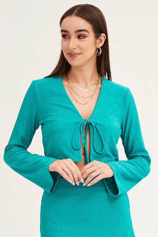 Green Long Sleeve Tie Front Textured Tie Top