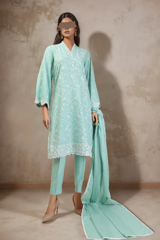 Solid Emb Cambric Stitched 3 Piece with Cotton Net Dupatta