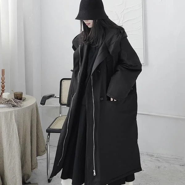 Winter The New Black Hooded Collar Loose Side Slit Keep Warm Coat Fashion All-match