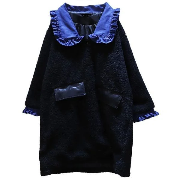 Winter The New Contrast Color Peter Pan Collar Pleated Casual Keep Warm Coat