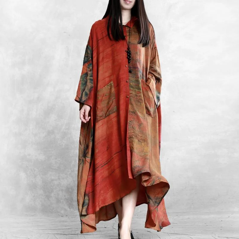 Women asymmetric pockets Plus Size clothes For orange print loose coats