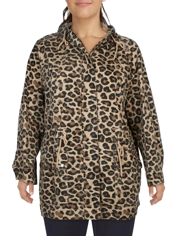 Plus Womens Animal Print Hooded Parka Coat