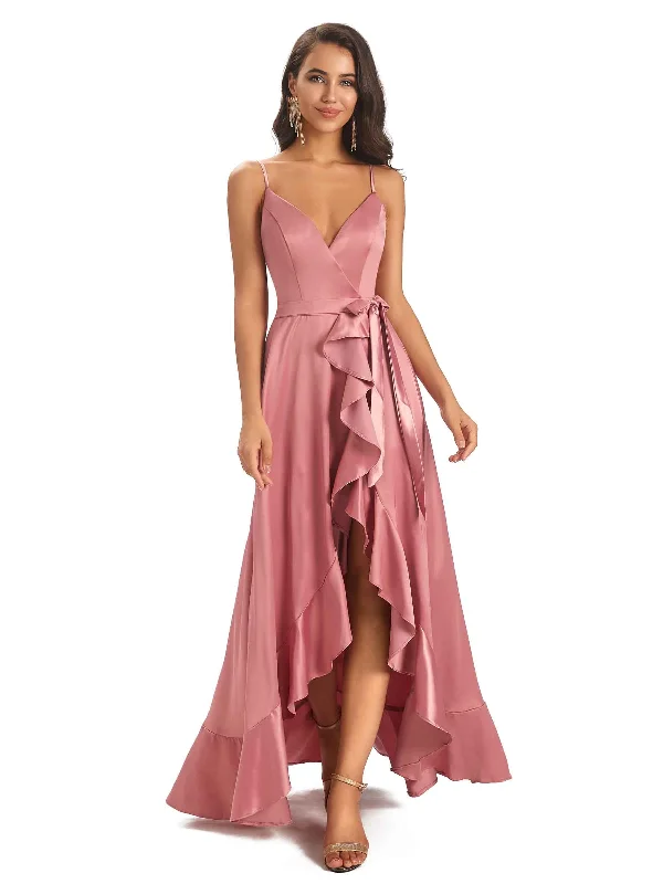 Elegant Spaghetti Straps Asymetric A-line Soft Satin Wrap V-neck High Low Bridesmaid Dresses