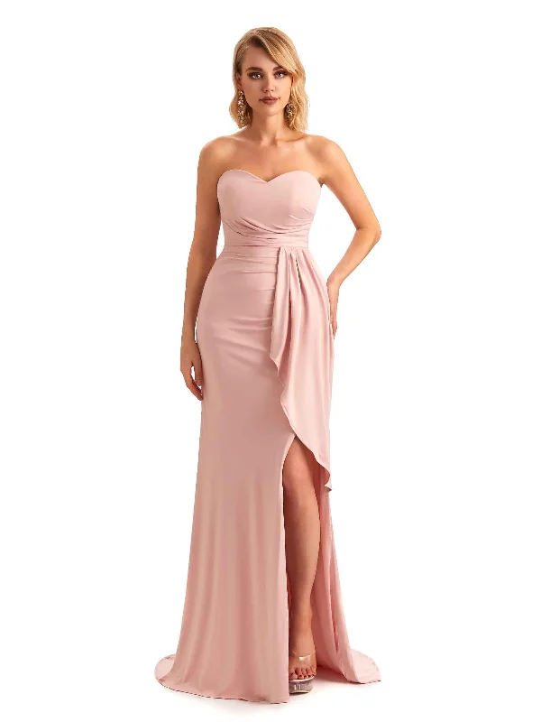 Elegant Mermaid Pleats Strapless Stretchy Jersey Long Formal Bridesmaid Dresses