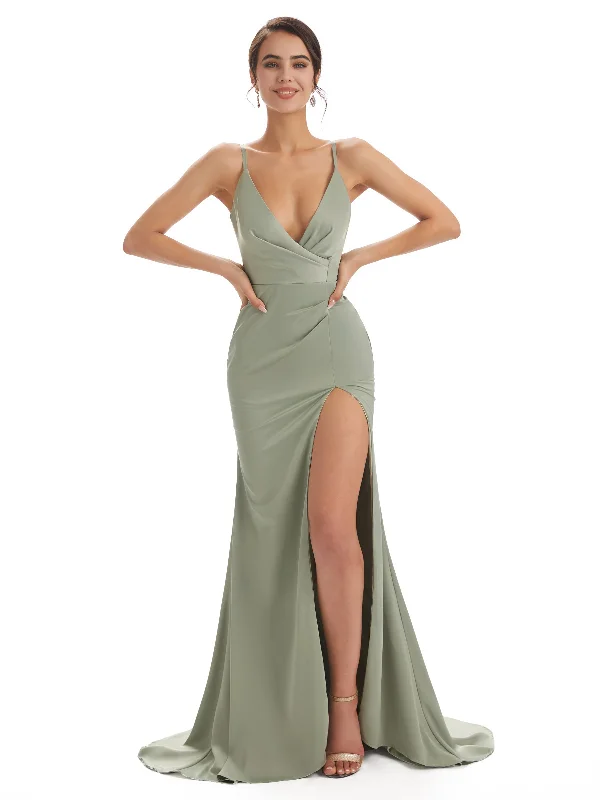 Sexy Soft Satin Side Slit Spaghetti Straps V-neck Long Mermaid Bridesmaid Dresses For Wedding