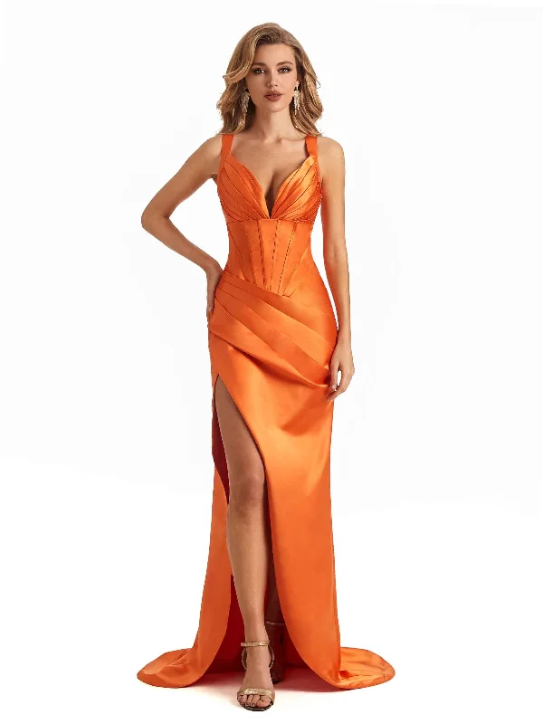 Sexy Side Slit Soft Satin Unique Spaghetti Straps V-Neck Long Mermaid Bridesmaid Dresses